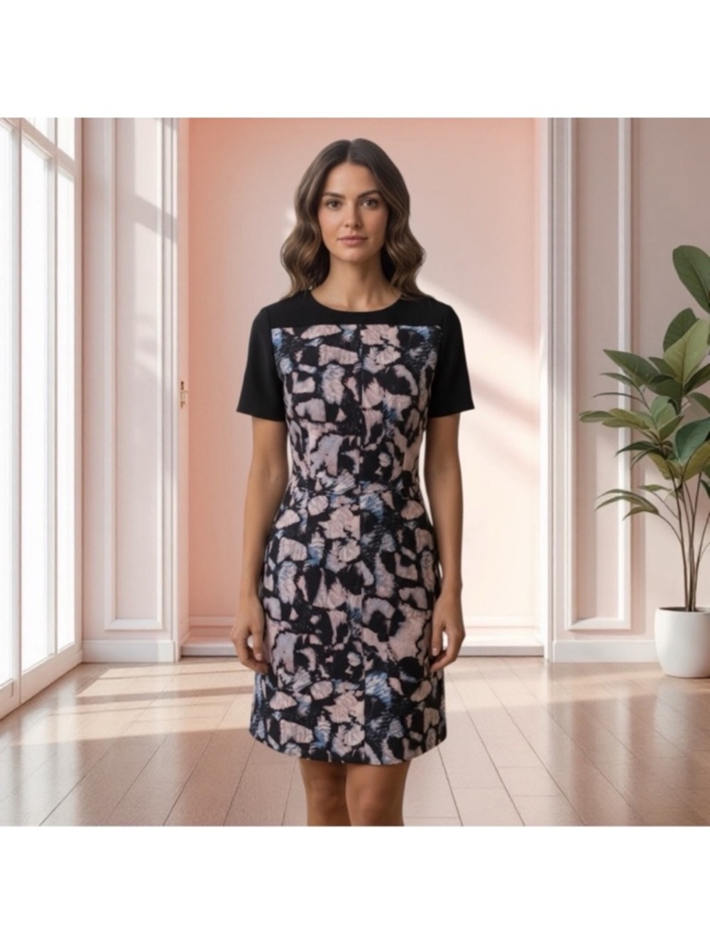 Club Monaco contemporary back pink shortsleeved abstract print party dress size2